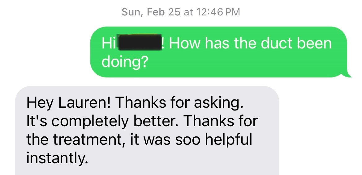 Text between Lauren and a client where she shares that the duct has resolved completely.